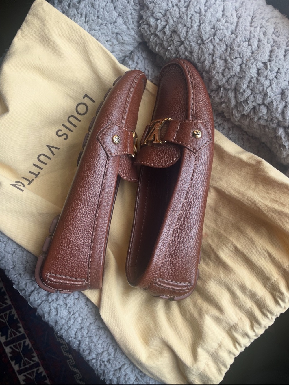 Louis Vuitton Brown Leather Moccasin Loafers with Gold LV Buckle - Picture 2 of 8